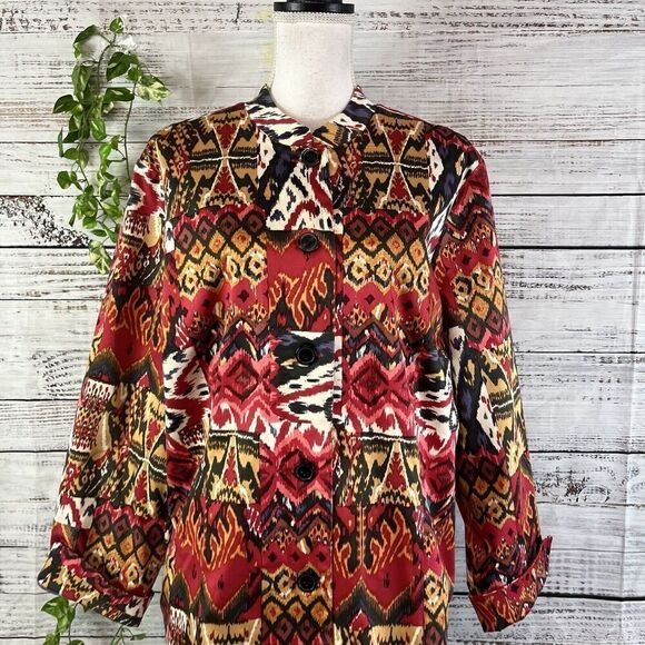 Norm Thompson Black Jacket size Extra Large Red Brown Aztec Western Stretch - Picture 2 of 16